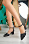 Women's Pointed Toe Black Leather Medium Size Thick Heeled Stone Detailed New Classic Shoes - 2