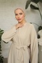 Women's Charmi Fabric Wide Sleeve Double Color Design Belt Detailed Flowing Cream Maxi Hijab Dress 1812 - 2
