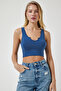 Women's Indigo Blue Strappy Crop Knitted Blouse OW00030 - 3