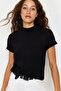 Siyah %100 Pamuk Basic Regular/Normal Kalıp Dik Yaka Örme T-Shirt TWOAW20TS0096