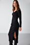 Anastacıa Women's Ribbed Flexible Fabric Draped Gathered Asymmetrical Slit Body Fitted Black Skirt - 3