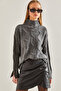 Women's Gray Half Turtleneck Hair Knit Patterned Knitwear Sweater 20234525