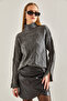 Women's Gray Half Turtleneck Hair Knit Patterned Knitwear Sweater 20234525 - 5