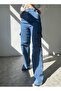 Medium Blue Lycra Model Cargo Palazzo Trousers Without Back Pockets