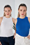 White Cobalt Blue Zargo Model Set of 2 Fitted Wide Piping Halter Neck Ribbed Flexible Knitted Crop Blouse