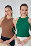 Biscuit Green Zargo Model 2-Piece Set Fitted Wide Bias Halter Neck Ribbed Flexible Knitted Crop Blouse