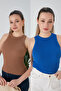Biscuit Cobalt Blue Zargo Model Set of 2 Fitted Wide Piping Halter Neck Ribbed Stretchy Knitted Crop Blouse