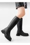 Women's Black Zippered Below the Knee Heeled Boots (5CM) - 2