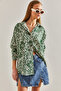 Women's Green Leaf Patterned Casual Linen Shirt 60101019 - 5