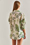 Women's Beige Green Large Leaf Patterned Casual Linen Shirt 60101021 - 6