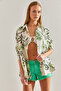 Women's Beige Green Large Leaf Patterned Casual Linen Shirt 60101021 - 4