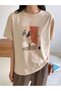 Women's Design Printed Beige Oversize Casual T-shirt Boyfriend - 3