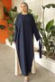 Charmi Fabric Wide Sleeve Double Color Design Belt Detailed Flowy Navy Blue Maxi Hijab Dress 1812 - 3