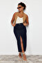 Dark Blue Slit Maxi Denim Skirt TBBSS24AZ00046
