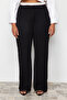Siyah Beli Poplin Detaylı Yüksek Bel Wide Leg/Geniş Paça Örme Büyük Beden Pantolon TBBSS24AR00000 - 4