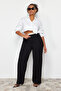 Siyah Beli Poplin Detaylı Yüksek Bel Wide Leg/Geniş Paça Örme Büyük Beden Pantolon TBBSS24AR00000