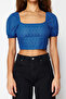 Indigo Brode Balon Kol Crop Dokuma Bluz TWOSS24BZ00236 - 5