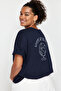 Lacivert %100 Pamuk Sırt Baskılı Oversize Kesim Bisiklet Yaka Örme T-Shirt TBBSS24BF00025