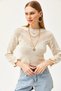 Women's Ecru Cuff Tie Seasonal Knitwear Blouse BLZ-19002512 - 5