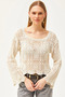 Women's Ecru Patch Patterned Cotton Knitwear Blouse BLZ-19002489