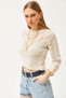 Women's Ecru Cuff Tie Seasonal Knitwear Blouse BLZ-19002512 - 6