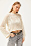 Women's Ecru Robe Perforated Stripe Detailed Cotton Knitwear Blouse BLZ-19002500 - 2