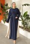 Navy Blue Charmi Fabric Wide Sleeve Double Color Design Belt Detailed Flowy Maxi Hijab Evening Dress 1812 - 3