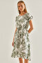 Women's White Khaki Multi Patterned Elastic Waist Dress 60101047