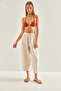 Women's Beige Elastic Waist Linen Trousers with Pockets 60101050 - 3