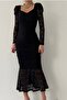 Black Lace Fabric Drape Detail Front and Back Square Collar Design Midi Dress 215 - 5
