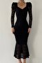 Black Lace Fabric Drape Detail Front and Back Square Collar Design Midi Dress 215