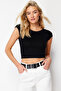 Siyah Bisiklet Yaka Ay Kol Fitted/Vücuda Oturan Crop Örme Bluz TWOSS24BZ00446 - 2