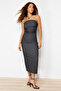 Anthracite Strapless Gathered Fitted Midi Flexible Knitted Pencil Dress TWOSS24EL00287