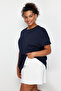 Lacivert %100 Pamuk Sırt Baskılı Oversize Kesim Bisiklet Yaka Örme T-Shirt TBBSS24BF00025 - 3