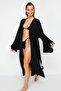 Plaj Giyim Siyah Dokuma Fırfırlı Kuşaklı Maxi Kimono&Kaftan TBESS24KM00026