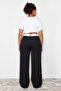 Siyah Yüksek Bel Kontrast Asimetrik Kemerli Wide Leg Dokuma Pantolon TBBSS24AR00016 - 5