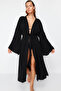 Plaj Giyim Siyah Dokuma Fırfırlı Kuşaklı Maxi Kimono&Kaftan TBESS24KM00026 - 3