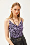 Women's Leopard Lilac Degaje Collar Rope Strap Blouse BLZ-19000987 - 2