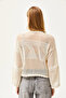 Women's Ecru Robe Perforated Stripe Detailed Cotton Knitwear Blouse BLZ-19002500 - 5
