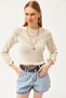 Women's Ecru Cuff Tie Seasonal Knitwear Blouse BLZ-19002512 - 2