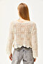 Women's Ecru Patch Patterned Cotton Knitwear Blouse BLZ-19002489 - 5