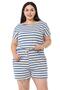 Plus Size Low Sleeve Elastic Waist Pocket Cobalt Blue Striped Shorts Jumpsuit - 2