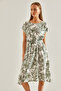 Women's White Khaki Multi Patterned Elastic Waist Dress 60101047 - 2