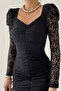 Black Lace Fabric Drape Detail Front and Back Square Collar Design Midi Dress 215 - 2