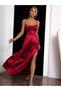 Deep Slit Corseted Strappy Degaje Engagement Invitation Wedding Evening Dress Thick Satin Dress - 5