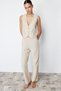 Beige Striped Cotton Linen Crop Woven Vest Twoss24Ye00025 - 11