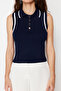 Lacivert Polo Yaka Renk Bloklu Bluz TWOSS24BZ00244 - 9