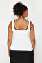Ekru Çizgi Detaylı Kare Yaka Bodycon İnce Triko Bluz TBBSS24AF00052 - 6
