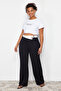 Siyah Yüksek Bel Kontrast Asimetrik Kemerli Wide Leg Dokuma Pantolon TBBSS24AR00016