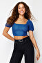 Indigo Brode Balon Kol Crop Dokuma Bluz TWOSS24BZ00236 - 3